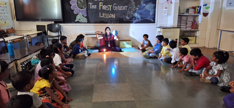 Cosmic Tale - The First Great Lesson - The beginning of the Universe and Earth
 The aim of the session is to make children explore and visualise various experiments demonstrated using various materials to explicate how the universe was created.